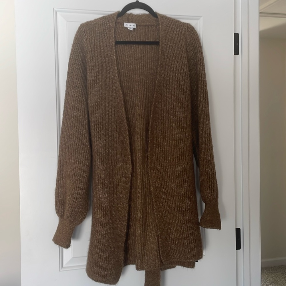 Top Shop long wrap sweater. Sz 8-10. Brown.